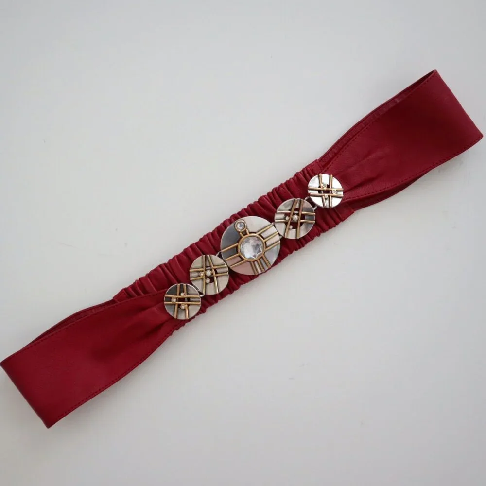 Vintage 80s Leather Belt with Embellished Metal Buckle | M/L